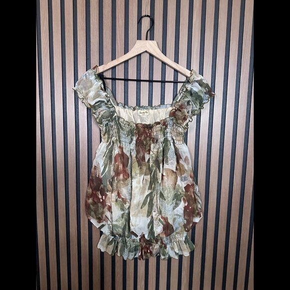Vintage Janette Plus Top OS Womens Leafy Blouson Sexy Neck Smocked Ruffled Y2K - Picture 1 of 5